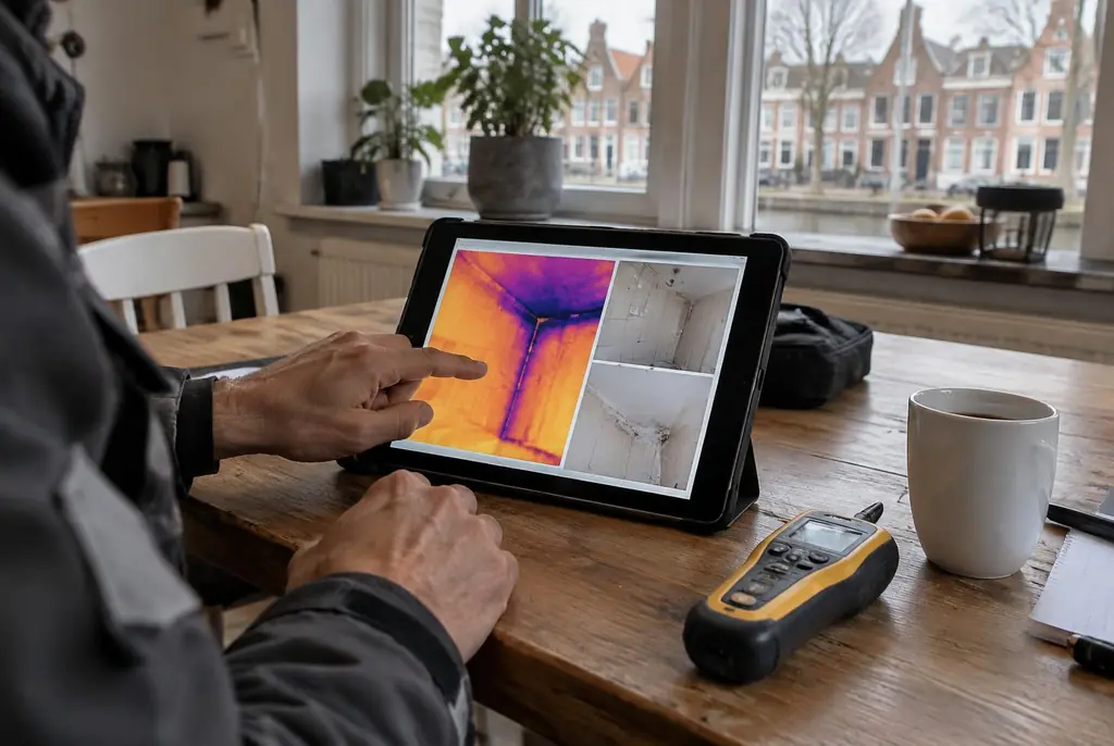 Lekdetectie Den Helder – lekdetectierapport met warmtebeelden en foto's op een tablet