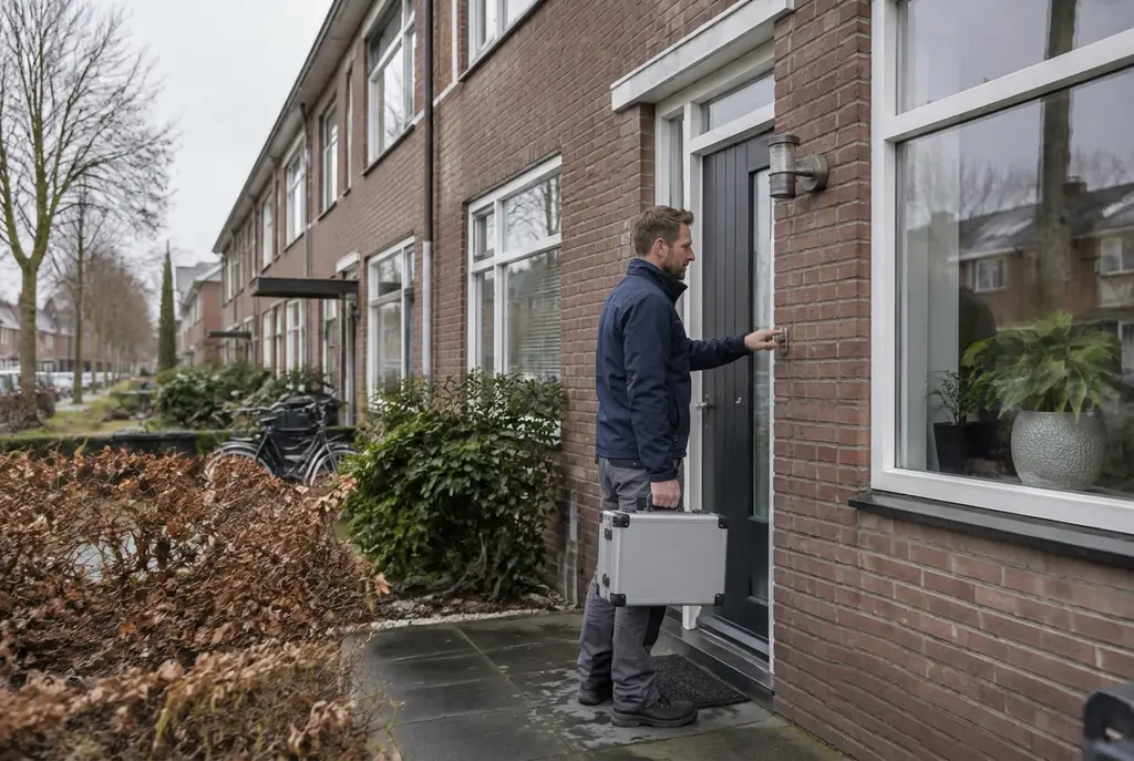 Lekdetectiespecialist met meetkoffer bij de voordeur van een woning in Den Helder